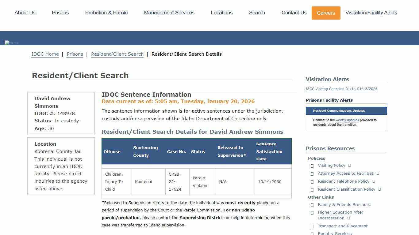 Resident/Client Search Details | Idaho Department of Correction